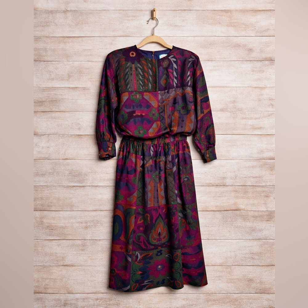 Vintage Diane Dickmon for Gentillesse Wool Silk Dress Size 6 Boho Patchwork Midi - Picture 1 of 6